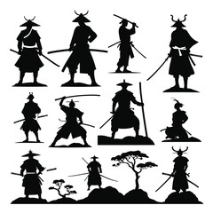 Obraz premium Silhouettes of samurai warriors stand poised with swords under a dramatic sky, exuding a sense of strength, honor, and ancient tradition.