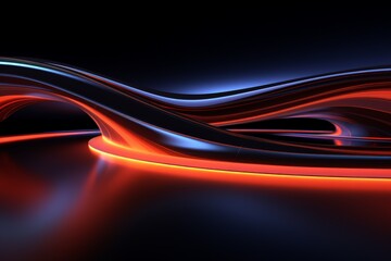 Fototapeta premium Abstract panoramic background of twisted dynamic neon lines glowing in the dark room with floor reflection. Virtual fluorescent ribbon loop. Fantastic minimalist wallpaper