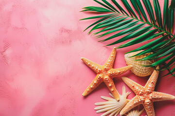Fototapeta na wymiar sea star, green palm leaves arranged on pink background. Summer holidays vacation concept. Poster banner, postcard