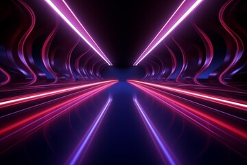 Abstract panoramic background of twisted dynamic neon lines glowing in the dark room with floor reflection. Virtual fluorescent ribbon loop. Fantastic minimalist wallpaper - obrazy, fototapety, plakaty