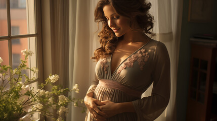 Portrait of young beautiful pregnant woman in beautiful dress by window with flowers 