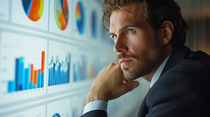 Analyzing reports and graphs, the businessman demonstrates astute financial acumen