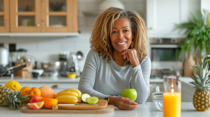 smiling woman leaning on a kitchen counter with a selection of fresh fruits and a glass of orange juice in front of her.