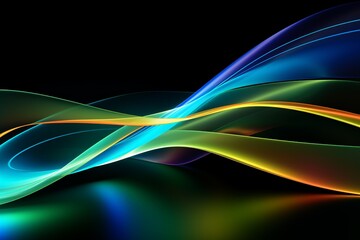 abstract geometric wallpaper of colorful neon ribbon, yellow green blue glowing lines isolated on black background.	
