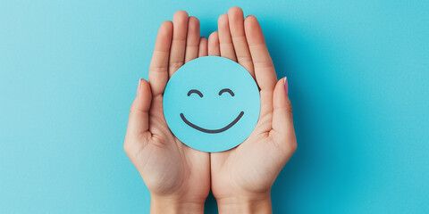 hands with blue paper smiley face on blue background