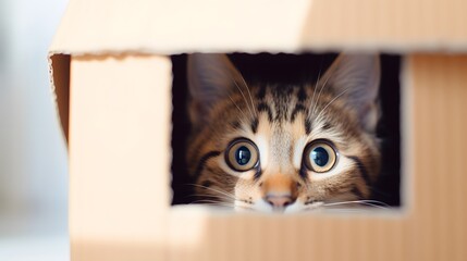 Kitten head peeking from brown cardboard box inside bright room. Cat adoption, shelter, rescue,...