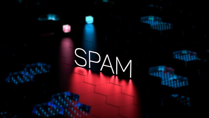 SPAM, digital text, word on a blurred background. SPAM concept, banner. 3D render