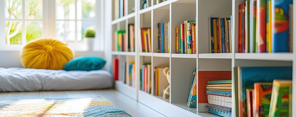 white wooden bookshelves in children's room, children's books - obrazy, fototapety, plakaty
