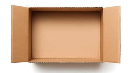 one empty open brown cardboard box on white background. Top view