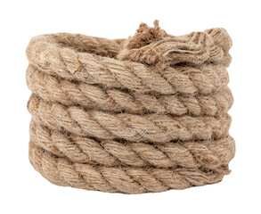 Rope made of jute in loops and knots on a white background. Linen twisted rope isolate