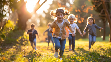 A heartwarming moment frozen in time as a lively group of children enjoy carefree play in a sunlit park, radiating sheer innocence and boundless joy. - obrazy, fototapety, plakaty