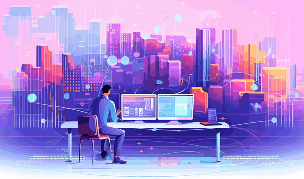 Showing digital data and big tech imagery as patterns isolated vector style on isolated background illustration