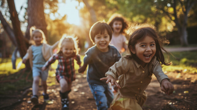 A heartwarming moment frozen in time as a lively group of children enjoy carefree play in a sunlit park, radiating sheer innocence and boundless joy.