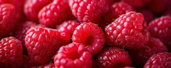 Full frame closeup of clean fresh red raspberries arranged together representing healthy diet concept