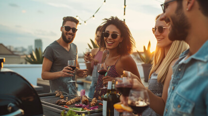 A vibrant image capturing the essence of modern urban living, showcasing a group of diverse friends joyfully gathering on a scenic rooftop terrace for a delightful barbecue party. Laughter,
