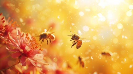 Honeybees flit among vibrant blossoms, their delicate wings a blur of motion against a backdrop of petals