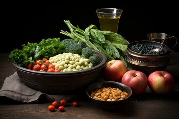 Stop food waste day. fresh assortment of vegetables, fruits, and nuts in a cup on the table