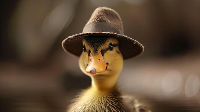 Duck in a hat on a bokeh background, close up