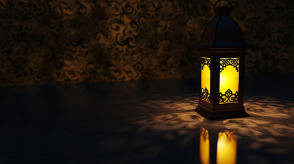A decorative lantern in the dark. An old yellow lamp is mirrored in the floor - obrazy, fototapety, plakaty