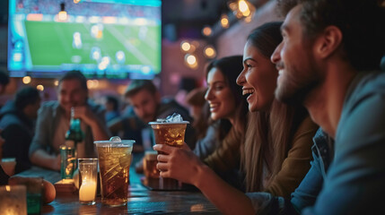A lively group of friends engrossed in a thrilling sports game at a buzzing pub, their eyes glued to the big TV screen. Excitement fills the air as they cheer and clap, fully immersed in the - obrazy, fototapety, plakaty