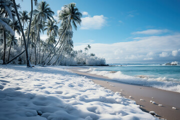 Palm trees in the snow on the seashore. Generated by artificial intelligence