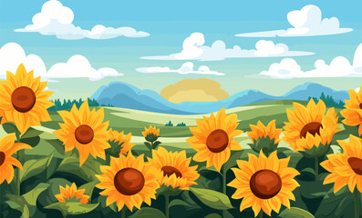 A field of sunflowers vector simple 3d smooth cut isolated illustration