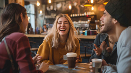 Group of friends enjoy laughter and conversation over coffee in a trendy industrial-style cafÃ©.