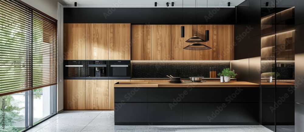 Wall mural Stylish kitchen featuring black and wooden cabinets and a large window adorned with blinds.