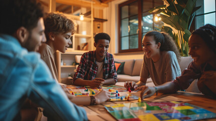 Friends bonding over a lively board game in a warm and inviting living room, creating lasting memories. - obrazy, fototapety, plakaty