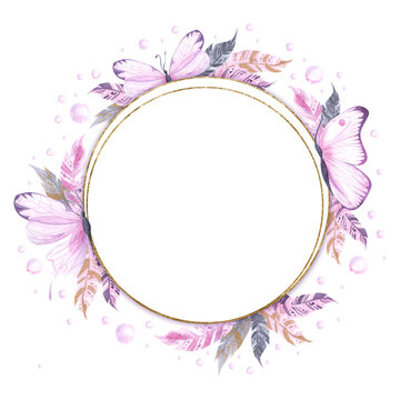 Happy Valentines day, spring, woman's day card. Watercolor butterfly and feathers greeting design. Beautiful holiday illustration. Hand drawn round frame. Luxury boho style. Bohemian