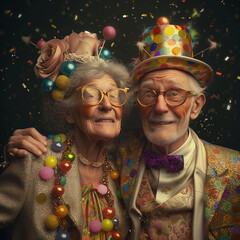 Alter Mann und alte Frau feiern Karneval, lustig