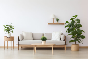 A sleek Scandinavian, japandi living room showcases a white sofa, wooden coffee table, and various potted plants. a tranquil setting that could be used for a home decor magazine.