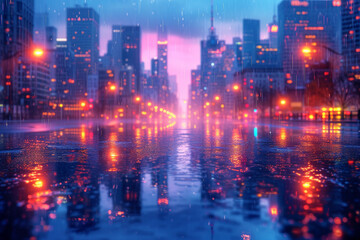 Fototapeta na wymiar An energetic cityscape at twilight with neon lights illuminating the buildings in lively shades, creating an electric urban atmosphere. Concept of a dynamic city nightlife. Generative Ai.