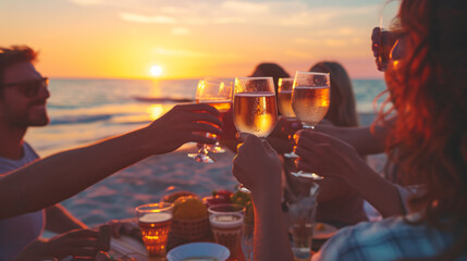 A vibrant group of friends raise their glasses in a joyous toast at a mesmerizing sunset beach party, capturing the essence of celebration and the true meaning of friendship. - obrazy, fototapety, plakaty