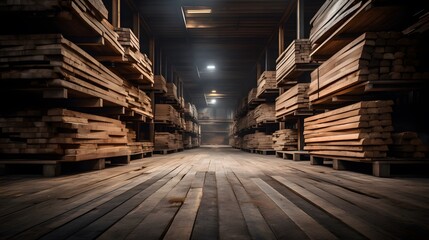 Stacked wooden beams in the warehouse
