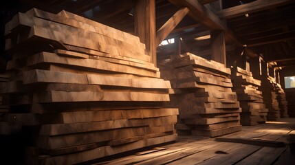 Stacked wooden beams in the warehouse
