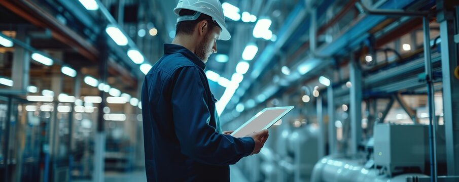 Industrial Male Worker Checking Goods Inventory Wearing Paper Hat Using Touch Screen Tablet. He Worked In An Automotive Industry Manufacturing Plant