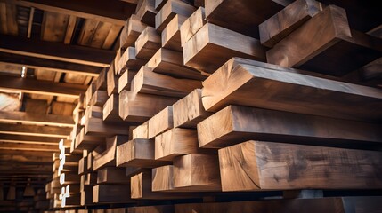 Stacked wooden beams in the warehouse
