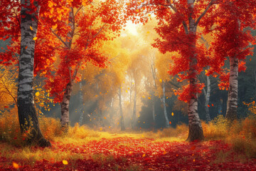 Obraz na płótnie Canvas A radiant autumn landscape with trees adorned in warm red, orange, and yellow foliage, creating a picturesque autumnal setting. Concept of vibrant fall colors. Generative Ai.