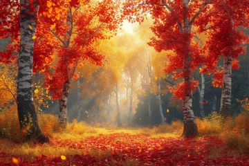 Crédence de cuisine en verre imprimé Gris A radiant autumn landscape with trees adorned in warm red, orange, and yellow foliage, creating a picturesque autumnal setting. Concept of vibrant fall colors. Generative Ai.