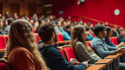 Diverse audience captivated by a thought-provoking lecture at prestigious university.