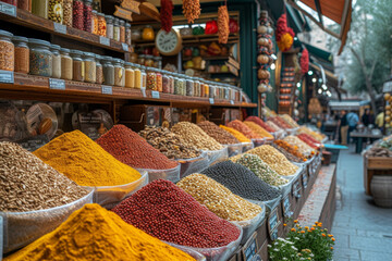 Obraz premium A bustling food market with stalls offering a variety of colorful spices, herbs, and ingredients, creating a sensory explosion of flavors. Concept of diverse culinary delights. Generative Ai.
