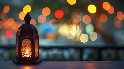 Ornamental Arabic lantern with burning candle glowing at night Ramadan Kareem concept