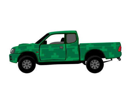 Military pickup truck in green camouflage. Off-Road Vehicle. Isolated image for prints, poster and illustrations.