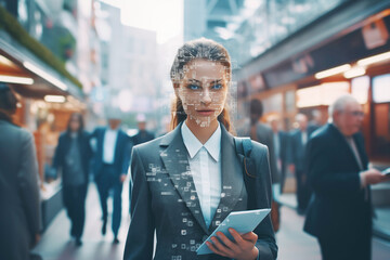 Facial recognition, search and surveillance of person. Woman in modern city with holographic biometric scan sign on her face