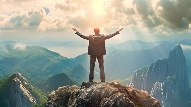 Victory and success concept! Strong confident businessman celebrating on top of mountain overlooking against nature landscape with clouds and mountains. Businessman on mountain peak raising arms 