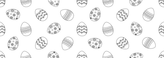 Seamless contour pattern with Easter eggs. Black and white. Template for coloring, fabric, wallpaper, wrapping paper. Vector illustration.
