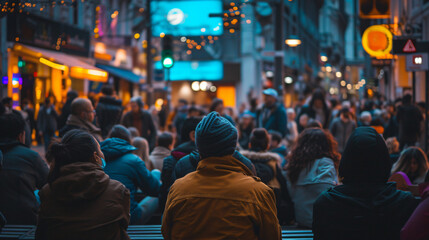 A vibrant crowd captivated by a captivating street performance in a bustling city square. As the talented performer showcases their remarkable skills, the atmosphere is filled with excitemen - obrazy, fototapety, plakaty