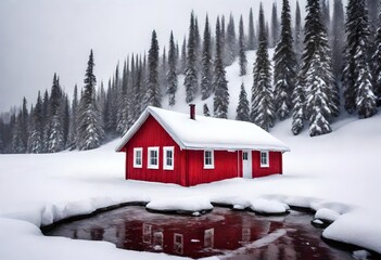 snow covered red house