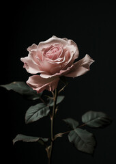 A beautiful pink rose with a black background
